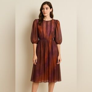 Vintage Jackie Taub ILGWU Dress Purple Orange Sheer Overlay Puff Sleeve Small